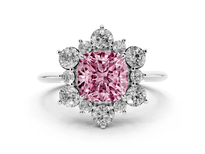 Fancy Pink Cushion Cut Diamond Cluster Halo Ring Set in Platinum with Solitaire Band and Prong Setting