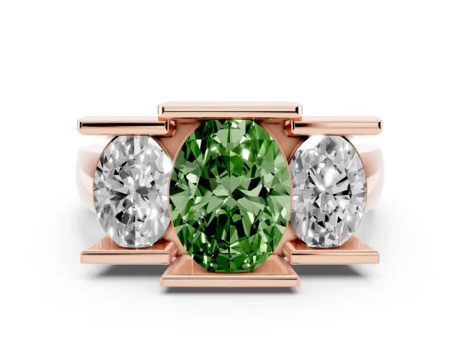 Oval Channel-Set Three Stone Engagement Ring Setting for a Fancy Green Lab-Grown Diamond | Rose Gold