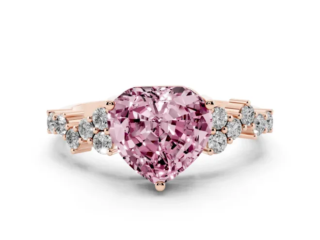 Fancy Pink Heart Cut Diamond Ring Set in Rose gold with Scattered Round Accents
