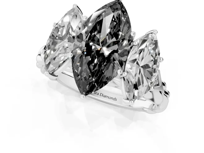 Fancy Black Marquise Cut Diamond Three-Stone Ring Set in Silver with Braided Band – second view