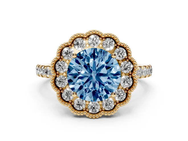 Round Vintage Milgrain Floral Halo Engagement Ring Setting for a Fancy Blue Lab-Grown Diamond | Pavé Band | Yellow Gold