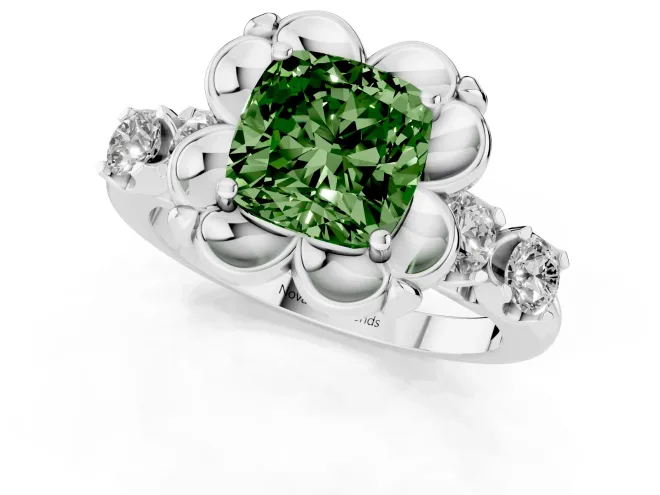 Fancy Green Cushion Cut Diamond Floral Halo Ring Set in White gold with Shared Prong Band – second view