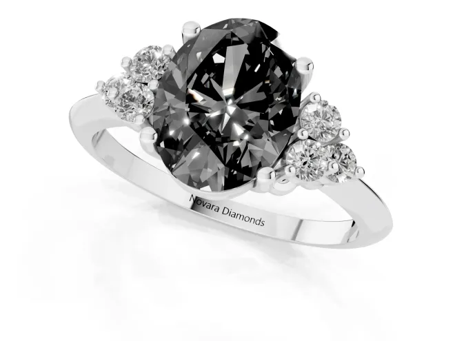 Fancy Black Oval Cut Diamond Cluster Ring Set in White gold with Plain Band and Prong Setting – second view
