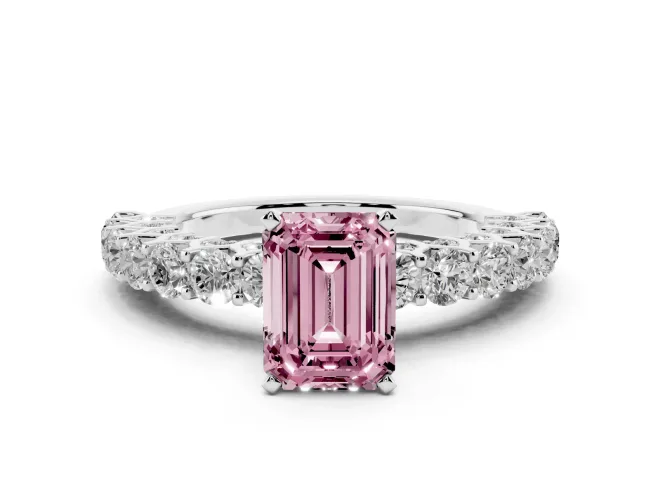Fancy Pink Emerald Cut Diamond Solitaire Ring Set in White gold with Shared Prong Pavé Band