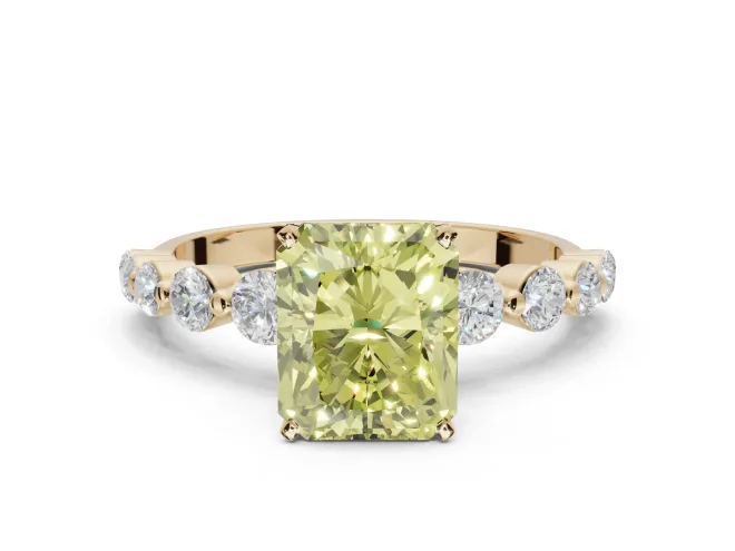 Radiant Cut Graduated Side Stone Engagement Ring Setting for a Fancy Yellow Lab-Grown Diamond | Yellow Gold