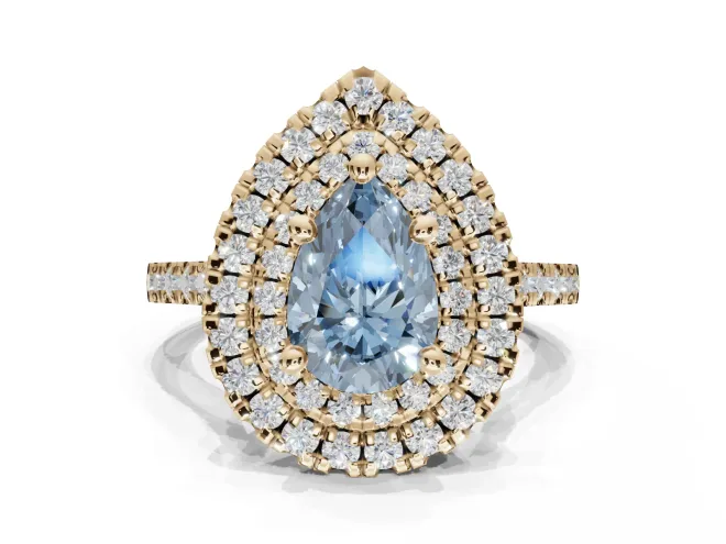 Pear-Shaped Double Halo Engagement Ring Setting for a Fancy Blue Lab-Grown Diamond | Yellow Gold