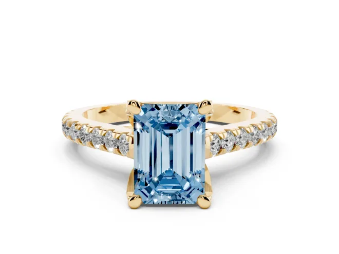 Emerald Cut Hidden Halo Pavé Engagement Ring Setting for a Fancy Blue Lab-Grown Diamond | Claw Prongs | Yellow Gold