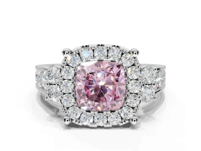 Cushion Cut Halo Engagement Ring Setting for a Fancy Pink Lab-Grown Diamond | Graduated Channel Band | White Gold