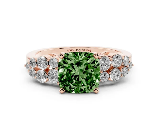 Cushion Cut Side Stone Engagement Ring Setting for a Fancy Green Lab-Grown Diamond | Shoulder Clusters | Rose Gold