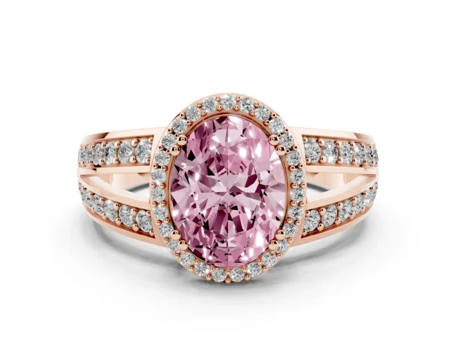 Fancy Pink Oval Cut Diamond Halo Ring Set in Rose gold with Double Pavé Split Shank