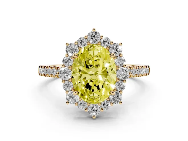 Oval Scalloped Halo Engagement Ring Setting for a Fancy Yellow Lab-Grown Diamond | Single Row Pavé | Yellow Gold