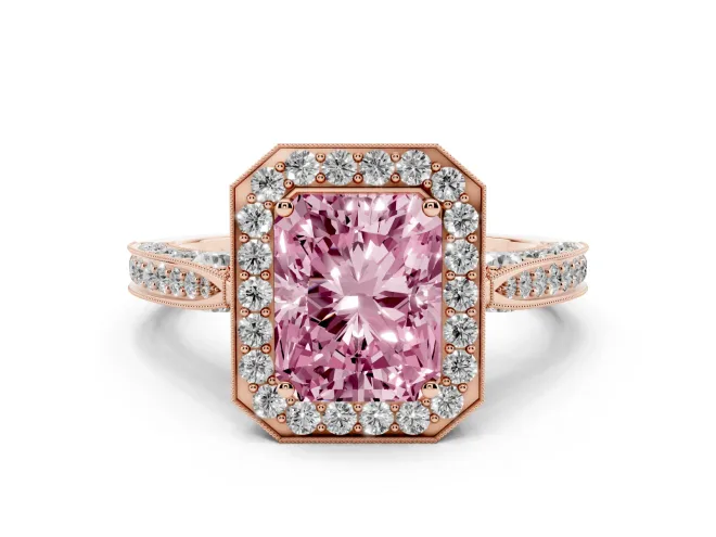 Fancy Pink Radiant Cut Diamond Halo Engagement Ring Set in Rose gold with Accent Split Shank Band