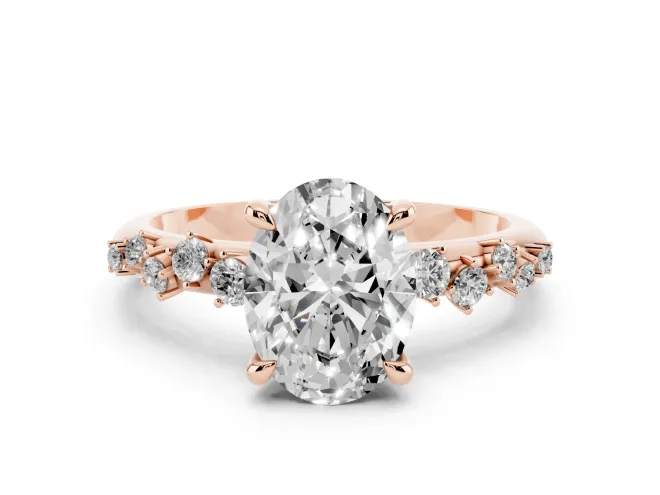Oval Cut Diamond Solitaire Vine Band Ring Set in Rose gold with Round Accents and Prong Setting