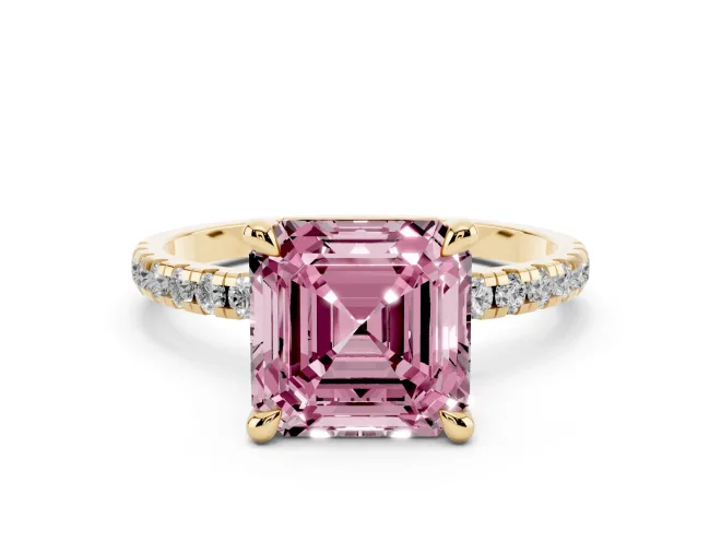 Fancy Pink Asscher Cut Diamond Brilliant Solitaire Ring Set in Yellow gold with Pavé Band and Prong Setting