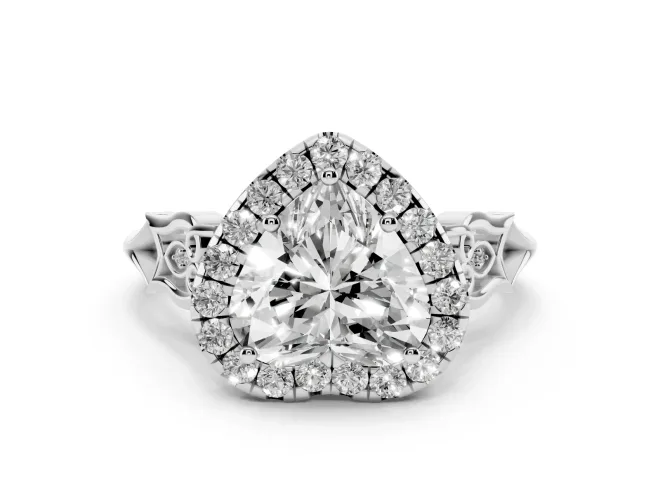 Heart Cut Diamond Halo Engagement Ring Set in White gold with Filigree Band and Prong-Set Center