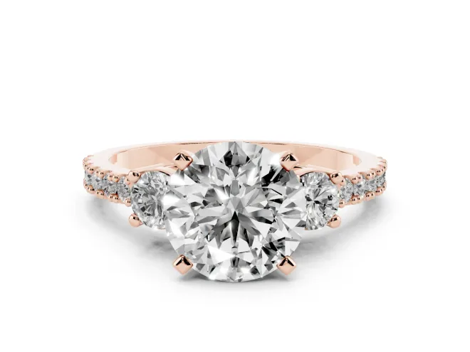 Three-Stone Round Cut Diamond Pavé Band Ring Set in Rose gold with Prong Setting