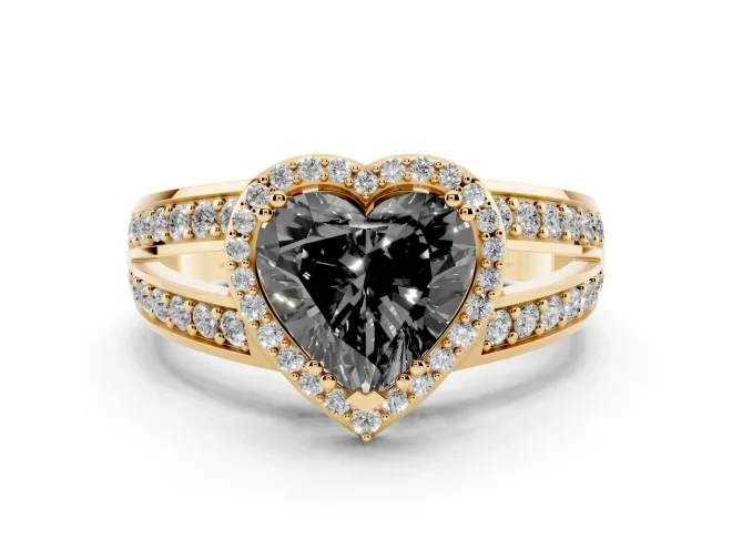 Fancy Black Heart Cut Diamond Halo Ring Set in Yellow gold with Double Pavé Split Shank