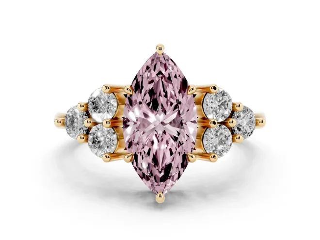 Fancy Pink Marquise Cut Diamond Solitaire Ring Set in Yellow gold with Cluster Accents on Each Side