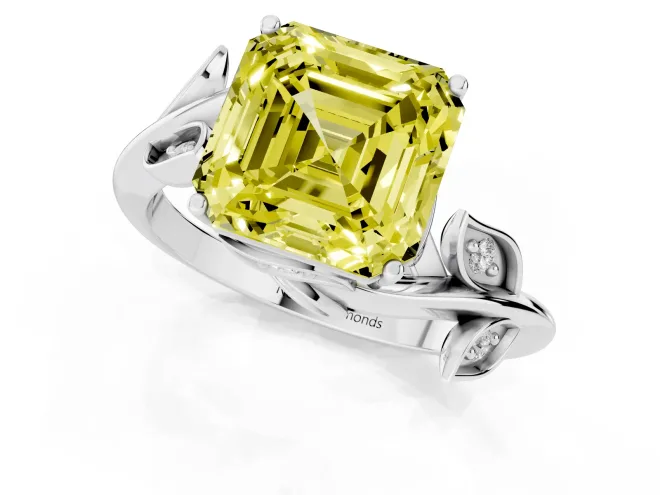Fancy Yellow Asscher Cut Diamond Solitaire Twist Engagement Ring Set in White gold with Pavé Leaf Accents – second view