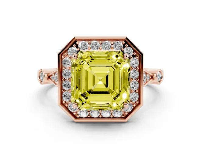Asscher Cut Halo Engagement Ring Setting for a Fancy Yellow Lab-Grown Diamond | Bezel Station Shoulders | Rose Gold