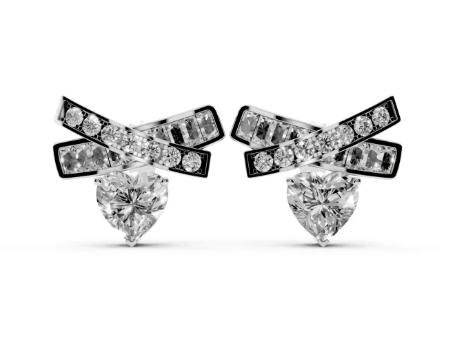 Heart Lab-Grown Diamond Crossed X Stud Earrings | Baguette and Round Bars | Sterling Silver