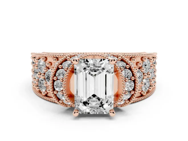 Emerald Cut Diamond Milgrain Halo Pavé Engagement Ring Set in Rose gold with Prong Setting