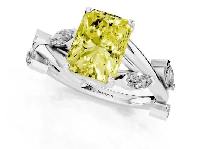 Fancy Yellow Radiant Cut Diamond Solitaire Ring Set in White gold with Twisted Marquise Accent Band – second view