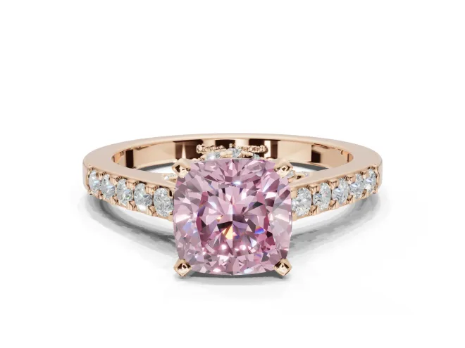 Cushion Cut Pavé Solitaire Engagement Ring Setting for a Fancy Pink Lab-Grown Diamond | Crossover Gallery | Rose Gold