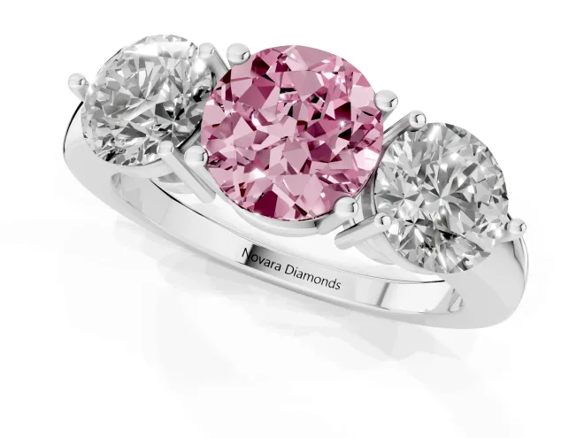 Fancy Pink Round Cut Diamond Three-Stone Ring Set in Silver with Prong Setting and Plain Band – second view