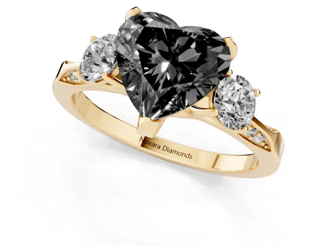 Fancy Black Heart Cut Diamond Three-Stone Ring Set in Yellow gold with Pavé Band and Smaller Side Stones – second view