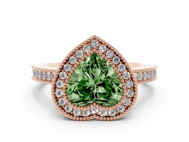 Fancy Green Heart Cut Diamond Round Halo Ring Set in Rose gold with Pavé Band