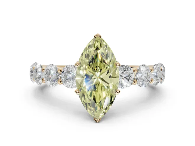 Marquise Side Stone Engagement Ring Setting for a Fancy Yellow Lab-Grown Diamond | Scalloped Prong Accents | Yellow Gold