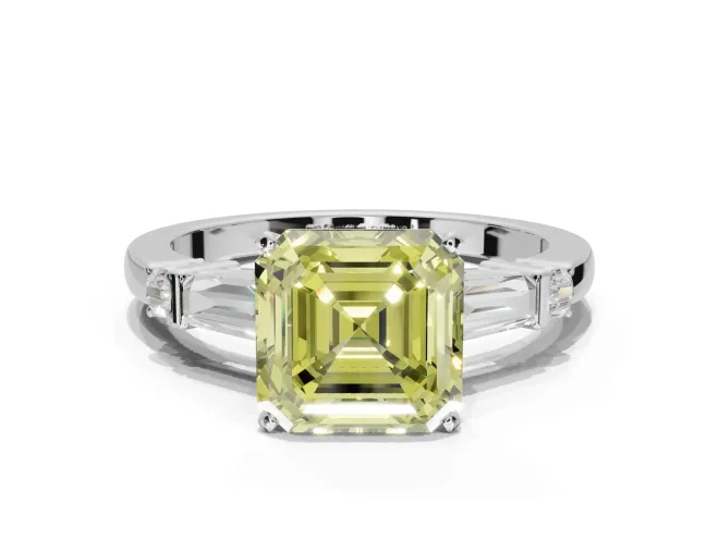 Asscher Cut Tapered Baguette Engagement Ring Setting for a Fancy Yellow Lab-Grown Diamond | Bar Set Sides | White Gold