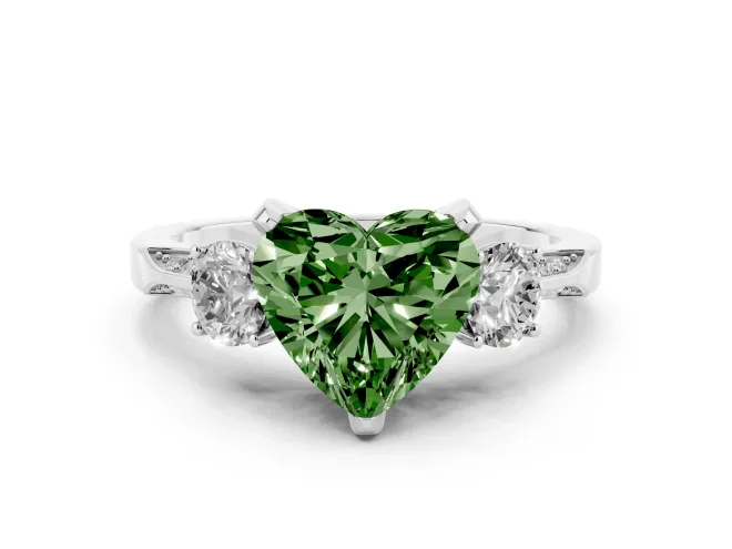 Fancy Green Heart Cut Diamond Three-Stone Ring Set in White gold with Pavé Band and Smaller Side Stones