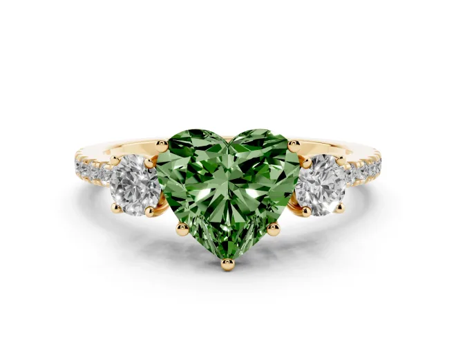 Fancy Green Heart Cut Diamond Three-Stone Ring Set in Yellow gold with Pavé Band and Graduated Sides