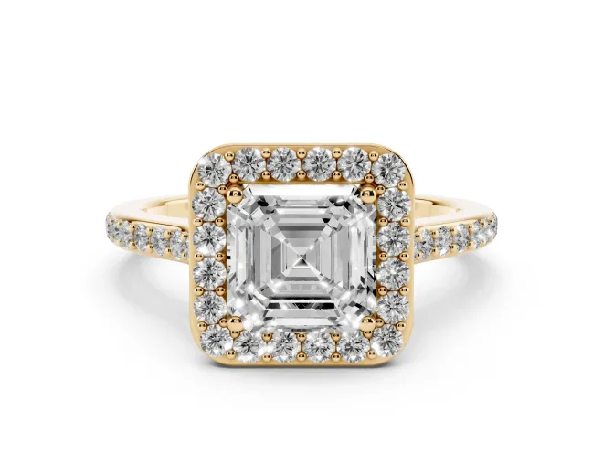 Asscher Cut Diamond Halo Engagement Ring Set in Yellow gold with Round Pavé Shoulders and Heart Gallery