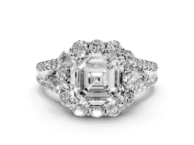 Asscher Cut Scalloped Halo Engagement Ring Setting | Pear Side Stones | Platinum