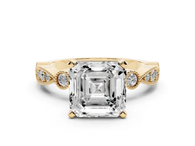 Asscher Cut Vintage Milgrain Solitaire Engagement Ring Setting | Bezel Accents | Yellow Gold