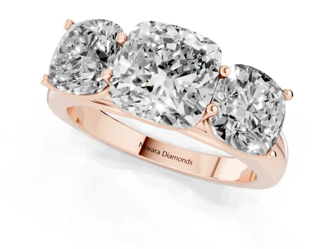 Cushion Cut Diamond Three-Stone Ring Set in Rose gold with Plain Polished Band – second view