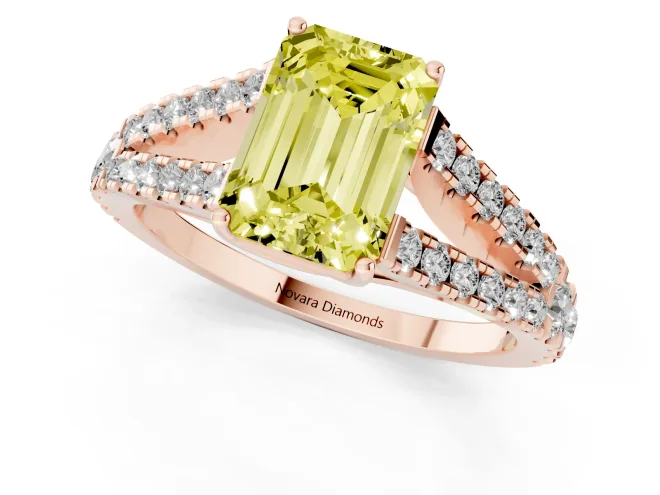 Fancy Yellow Emerald Cut Diamond Split Shank Pavé Engagement Ring Set in Rose gold with Prong-Held Center Stone – second view
