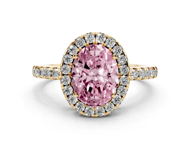 Oval Halo Engagement Ring Setting for a Fancy Pink Lab-Grown Diamond | Pavé Band | Yellow Gold