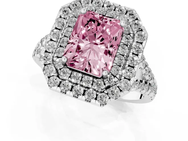 Fancy Pink Radiant Cut Diamond Double Halo Ring Set in White gold with Pavé Split Shank and Prong Setting – second view