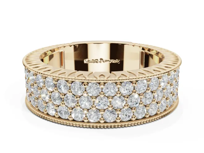 Round Lab-Grown Diamond Wide Pavé Wedding Band | Milgrain Edges | Yellow Gold