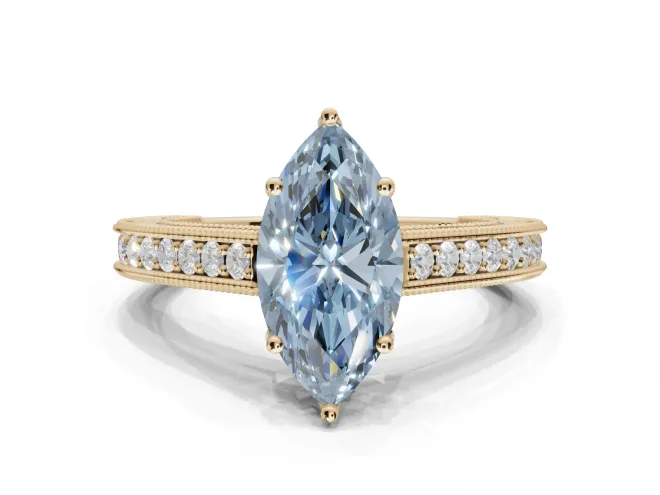 Marquise Vintage Engraved Pavé Engagement Ring Setting for a Fancy Blue Lab-Grown Diamond | Milgrain Edges | Yellow Gold