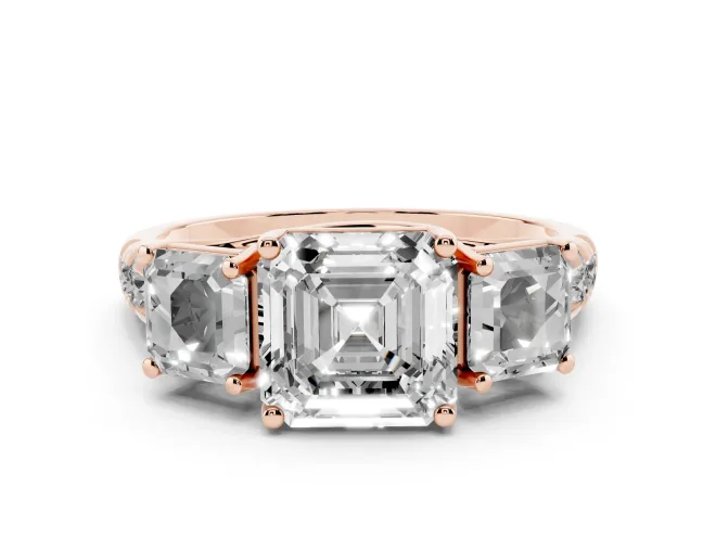 Asscher Cut Three Stone Engagement Ring Setting | Accented Shoulders | Rose Gold
