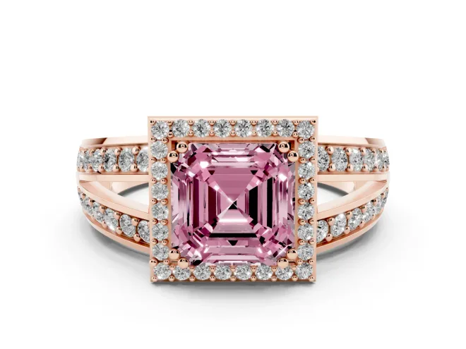 Fancy Pink Asscher Cut Diamond Halo Ring Set in Rose gold with Double Pavé Split Shank
