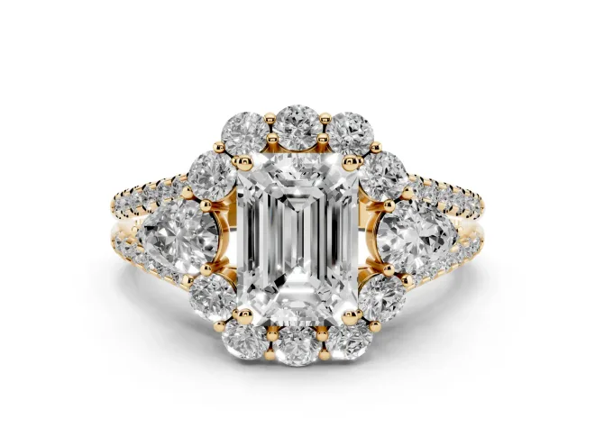 Emerald Cut Scalloped Halo Engagement Ring Setting | Pear Side Stones | Yellow Gold