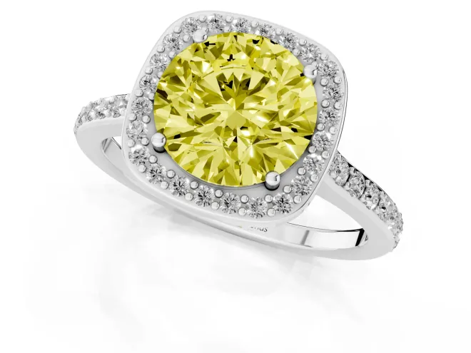 Fancy Yellow Round Cut Diamond Halo Engagement Ring Set in Silver with Round Pavé Shoulders and Heart Gallery – second view