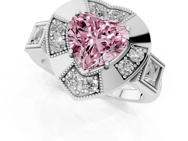 Fancy Pink Heart Cut Diamond Milgrain Halo Ring Set in Silver with Split Shank – second view