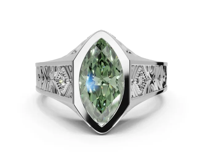 Marquise Vintage Bezel Engagement Ring Setting for a Fancy Green Lab-Grown Diamond | Engraved Band | White Gold